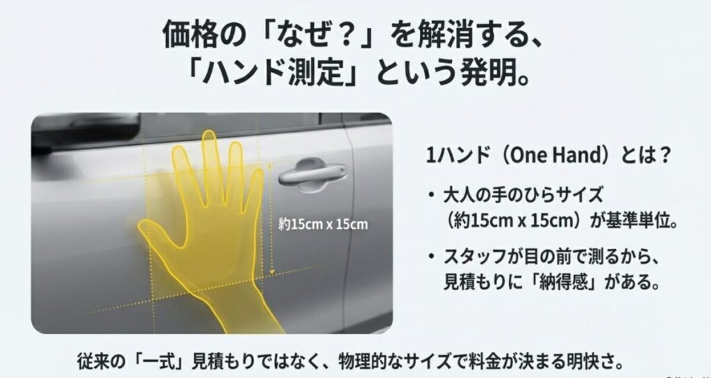 イエローハット独自の修理見積もり基準「1ハンド（約15cm×15cm）」を説明するイメージ図