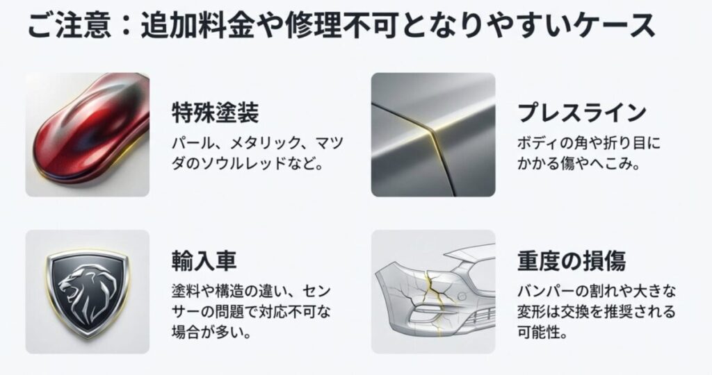 輸入車、特殊塗装、プレスラインの傷などイエローハットで修理対応が難しいケースの一覧