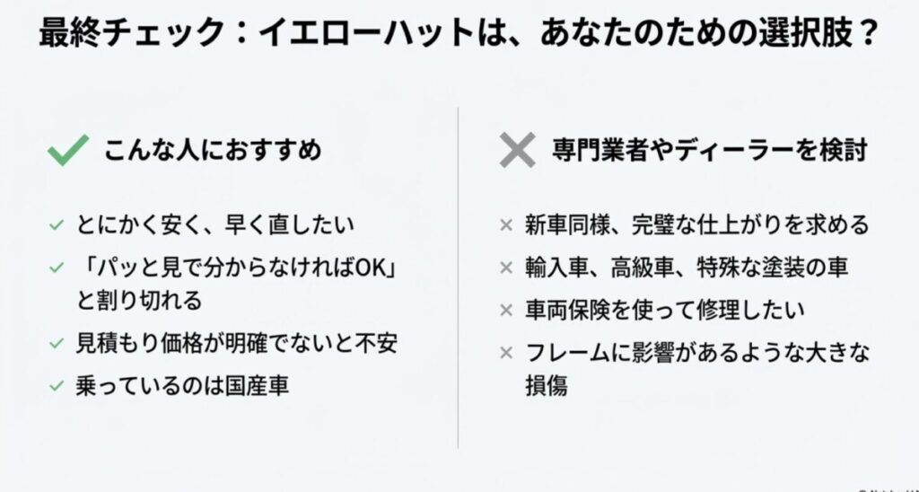 イエローハットの傷修理がおすすめな人とおすすめできない人の特徴まとめチェックリスト