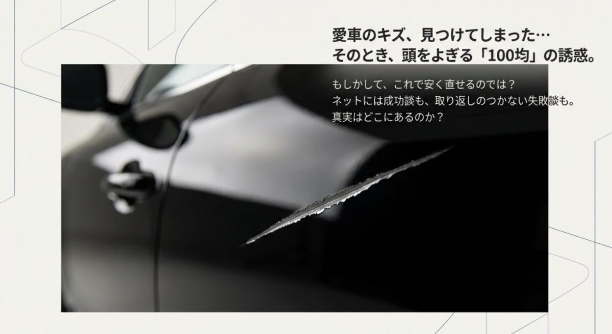 愛車の傷を見つけた際の悩みと、100均グッズで安く直せるかという疑問、成功と失敗の分かれ道についてのイメージ図