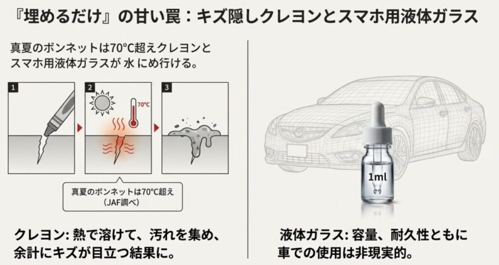 真夏のボンネット温度は70度を超え、キズ隠しクレヨンやワックスが熱で溶け出し、汚れを集めて余計に目立ってしまうメカニズムの解説図。
