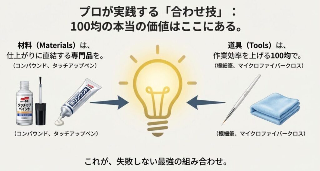 プロが実践する合わせ技の図解。材料（塗料・コンパウンド）は専門品を使い、道具（筆・クロス）は100均を使うことが成功の秘訣。