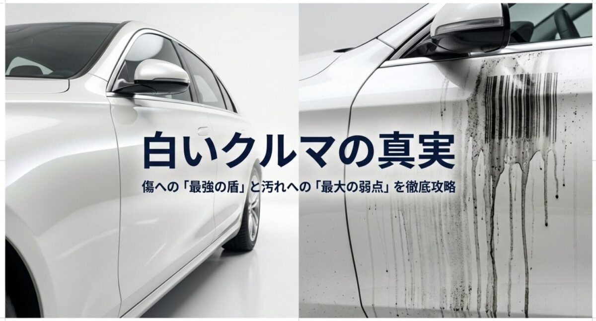 白いスポーツカーのイラストと「白いクルマの真実 傷への最強の盾と汚れへの最大の弱点」というタイトル文字