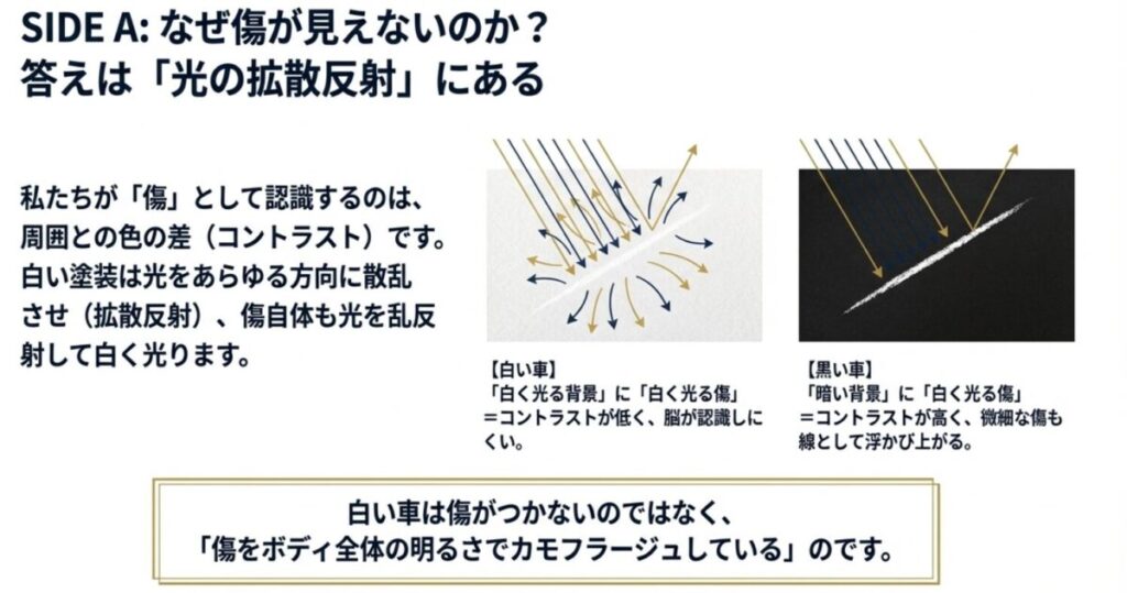 白い塗装の拡散反射と黒い塗装の吸収を図解したイラスト。コントラストの違いにより、白い車は傷が目立ちにくく、黒い車は傷が白く浮き出る仕組みの説明。