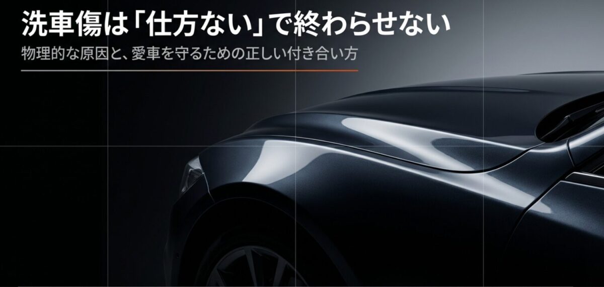 洗車傷は仕方ないで終わらせない」というタイトルと、黒い車の洗車イメージ画像