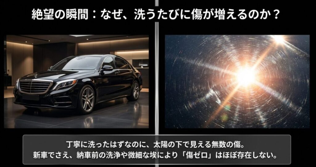 太陽光の下で目立つ、自動車のボディについた無数の渦巻き状の洗車傷（スワールマーク）