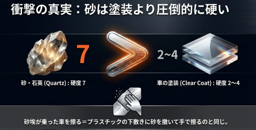 自動車の塗装よりも砂（石英）の方が圧倒的に硬いことを示す、鉱物とスポンジの比較図解