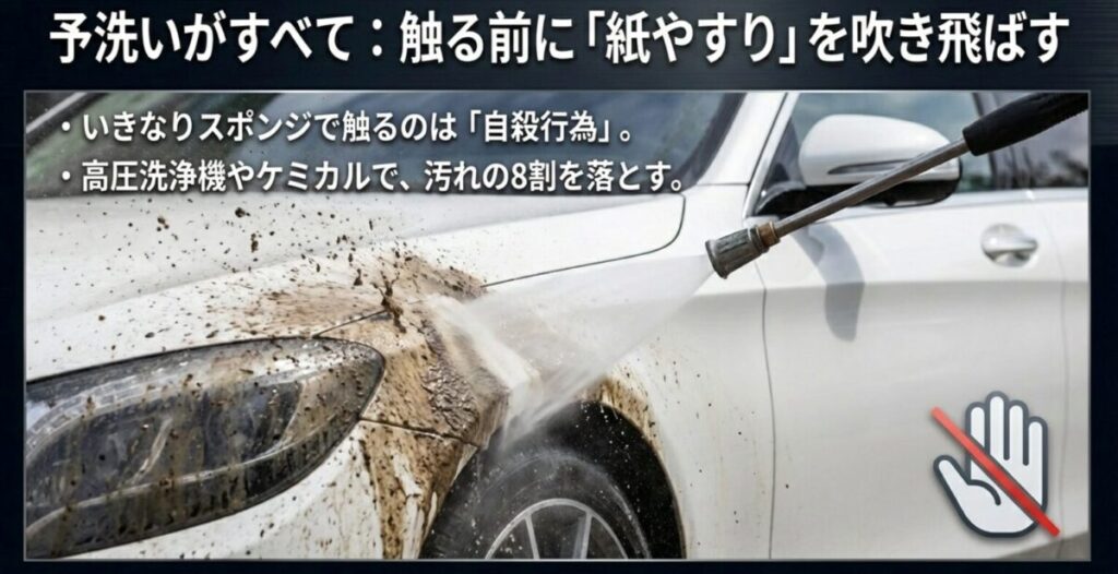 スポンジで触る前に高圧洗浄機やケミカルで汚れの8割を落とす「予洗い」の重要性を示すスライド
