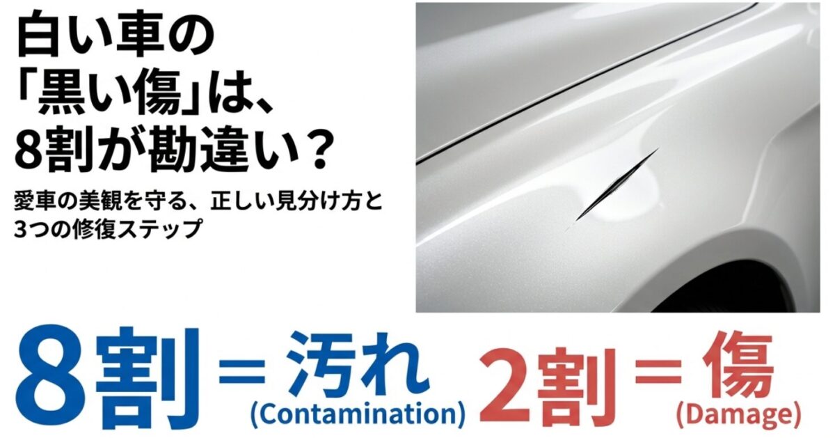 白い車のフェンダーについた黒い線傷の画像と、「8割＝汚れ（Contamination）、2割＝傷（Damage）」という比較を示したタイトルスライド。