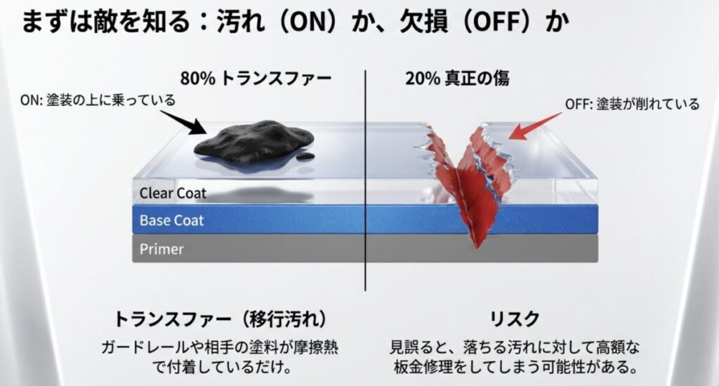自動車塗装の断面図。「汚れ（ON）」は塗装の上に乗っている状態、「傷（OFF）」は塗装が削れている状態を示し、80%がトランスファーであることを解説する図。