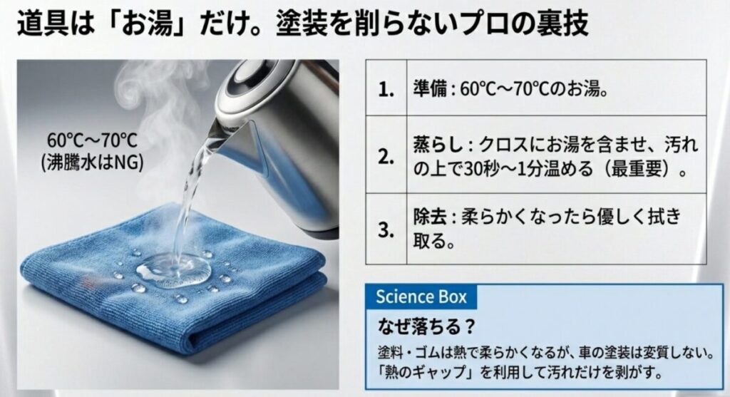 60度から70度のお湯を使う準備・蒸らし・除去の3ステップと、塗装と汚れの熱膨張の差を利用した除去原理を解説したスライド。