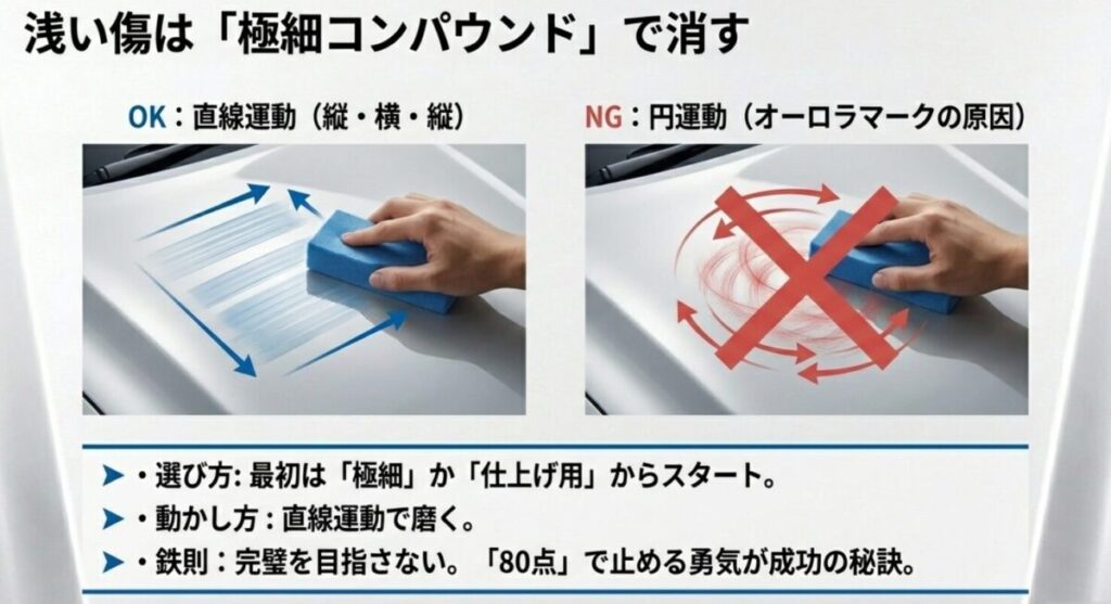 スポンジを縦横に動かす正しい例（直線運動）と、円を描くNG例（円運動）を比較したイラスト。オーロラマークの原因になることを警告している。