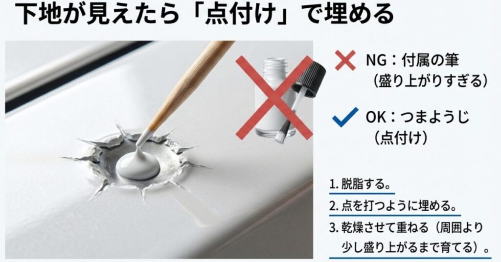 タッチペン付属の筆を使わず、つまようじを使って点を打つように塗料を埋める「点付け」の手順解説図。NG例として筆塗りの盛り上がりが示されている。