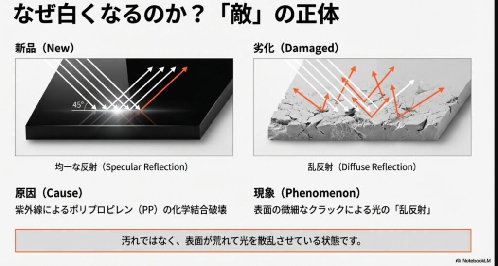 樹脂パーツが白くなる仕組みの図解。新品時の均一な反射と、劣化後のクラックによる乱反射の違い。