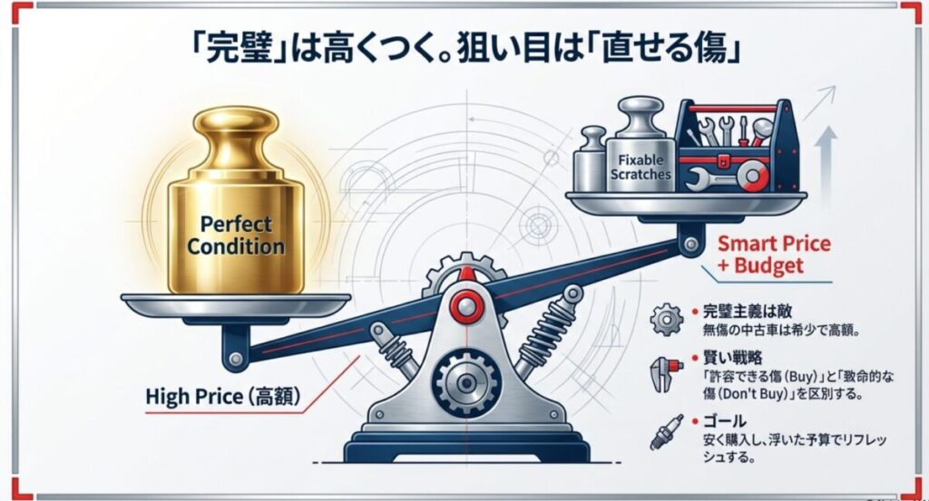 天秤のイラスト。完全な状態（高価格）と、直せる傷（適正価格＋予算）を比較し、安く買って浮いた予算でリフレッシュする戦略を図解。