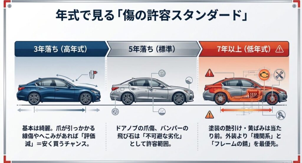 3年落ち、5年落ち、7年以上の車における傷の許容レベルを示した図解。高年式は評価減狙い、標準は不可避な劣化、低年式は機関系重視という基準。