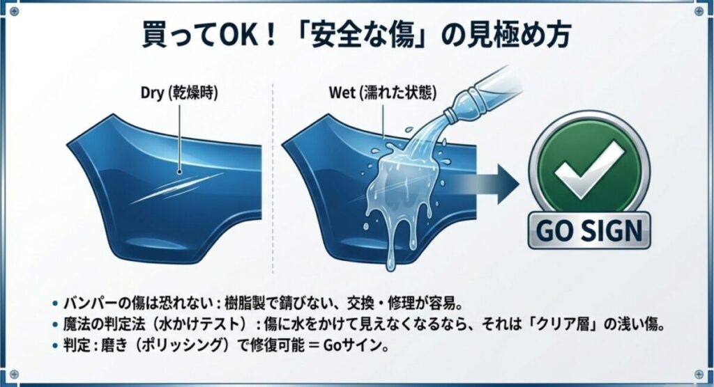 バンパーの傷に水をかけるイラスト。濡れて見えなくなるならクリア層の浅い傷であり、磨きで修復可能という「GOサイン」の判定法。