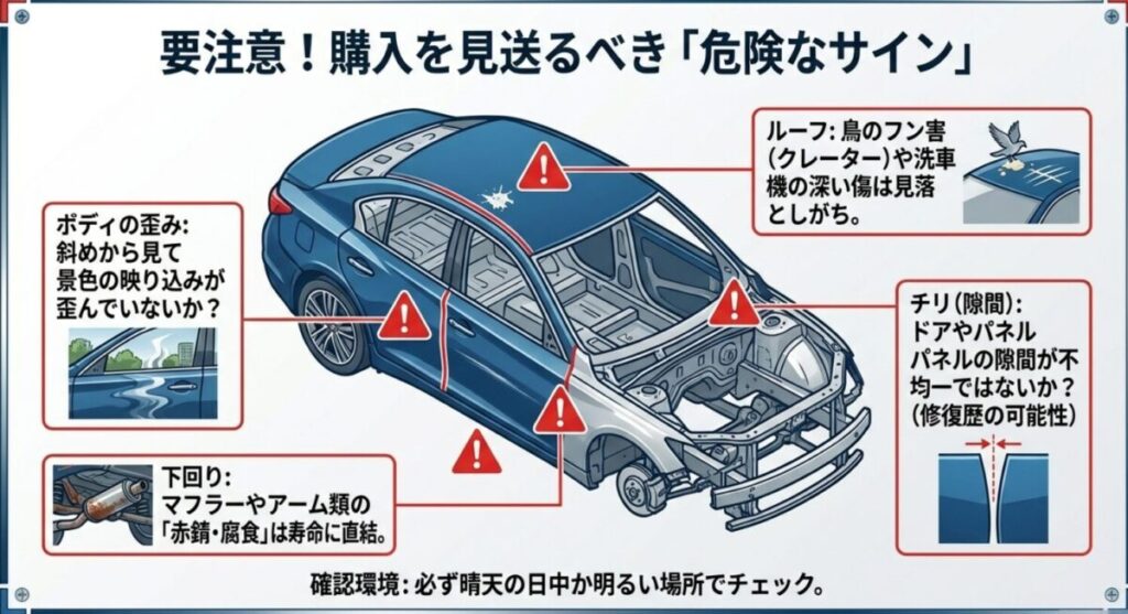車のイラストに警告マーク。ボディの歪み、ルーフの鳥フン害、パネルの隙間、下回りの赤錆など、購入時に注意すべき外装のチェックポイント。