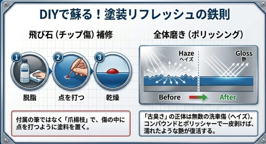 タッチアップの手順（脱脂、点置き、乾燥）と、ポリッシングによる傷消し（ヘイズ除去）のビジュアル解説。