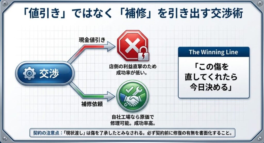 現金値引きはNG、補修依頼はOKという対比図。「この傷を直してくれたら決める」という交渉が成功しやすいことを示すイラスト。