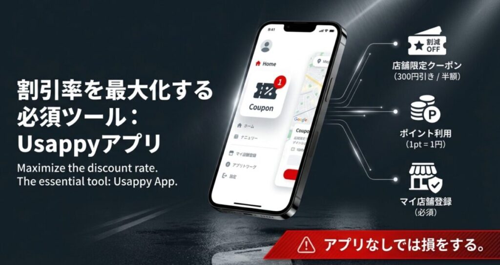 宇佐美の洗車割引に必須のUsappyアプリ。店舗限定クーポンやポイント利用画面のイメージ図。