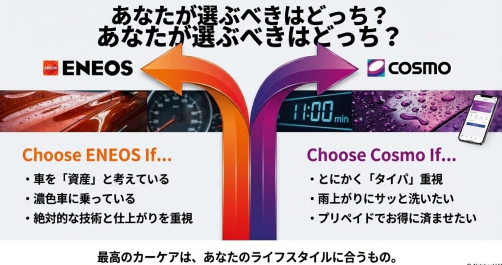 車を資産と考えるならエネオス、タイパとお得さを重視するならコスモを推奨するチェックリスト画像
