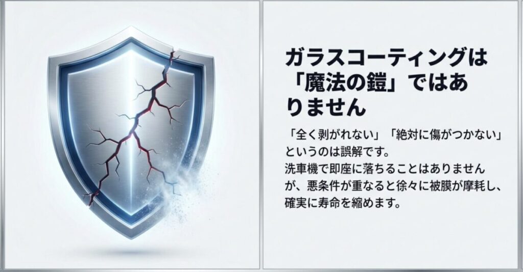 ガラスコーティングは絶対に傷がつかない魔法の鎧ではなく、悪条件が重なると寿命を縮めることを説明するスライド