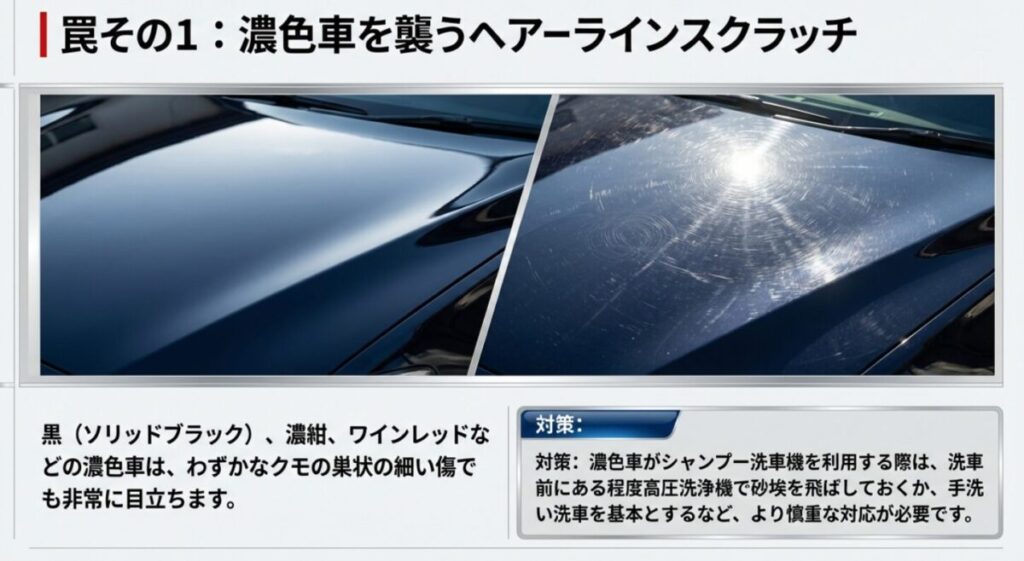: 黒や濃紺などの濃色車は洗車機によるクモの巣状のヘアーラインスクラッチが目立ちやすいため注意が必要であることを警告するスライド