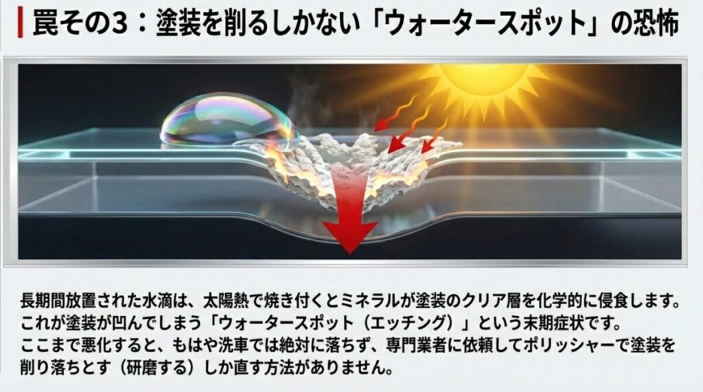 洗車後の水滴放置が引き起こすウォータースポット（エッチング）の恐怖と、専門業者による研磨が必要になるリスクについて警告するスライド