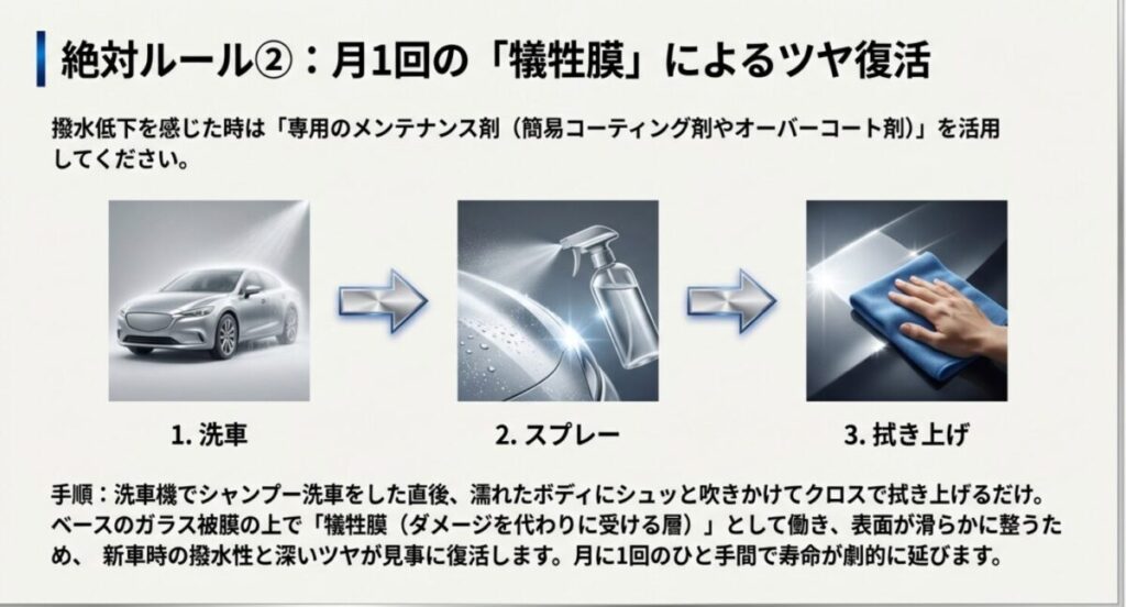 撥水低下時に専用メンテナンス剤を活用し、犠牲膜によって新車時のツヤと撥水性を復活させる手順を解説するスライド