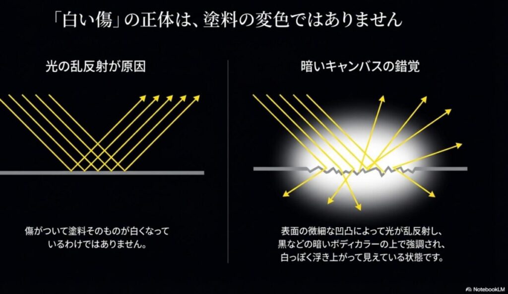 黒い車の洗車傷が白く見える原因は、塗料の変色ではなく表面の微細な凹凸による光の乱反射であることを解説した図解