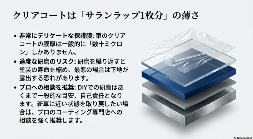 : 車のクリアコートの膜厚はサランラップ1枚分（数十ミクロン）程度と非常にデリケートであり、過度な研磨には注意が必要であることを示す図解
