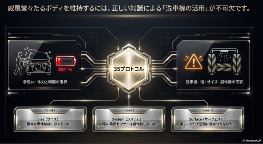 ヴェルファイア洗車機利用時に直面するサイズ・システム・サーフェスの3つの課題