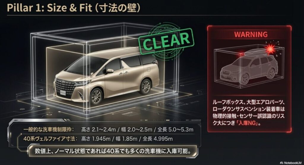 40系ヴェルファイアの寸法と一般的な洗車機の制限枠の比較