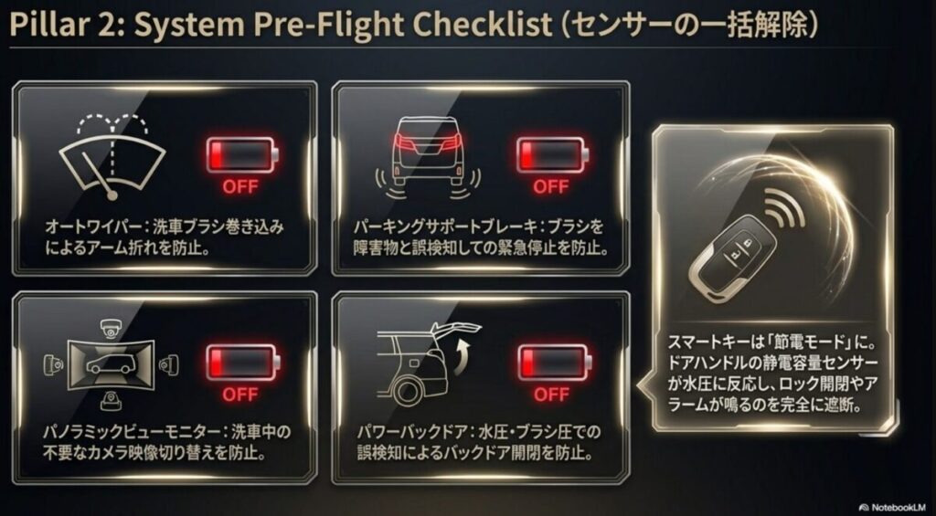ヴェルファイア洗車前にオフにすべきセンサー機能とスマートキーの節電モード設定
