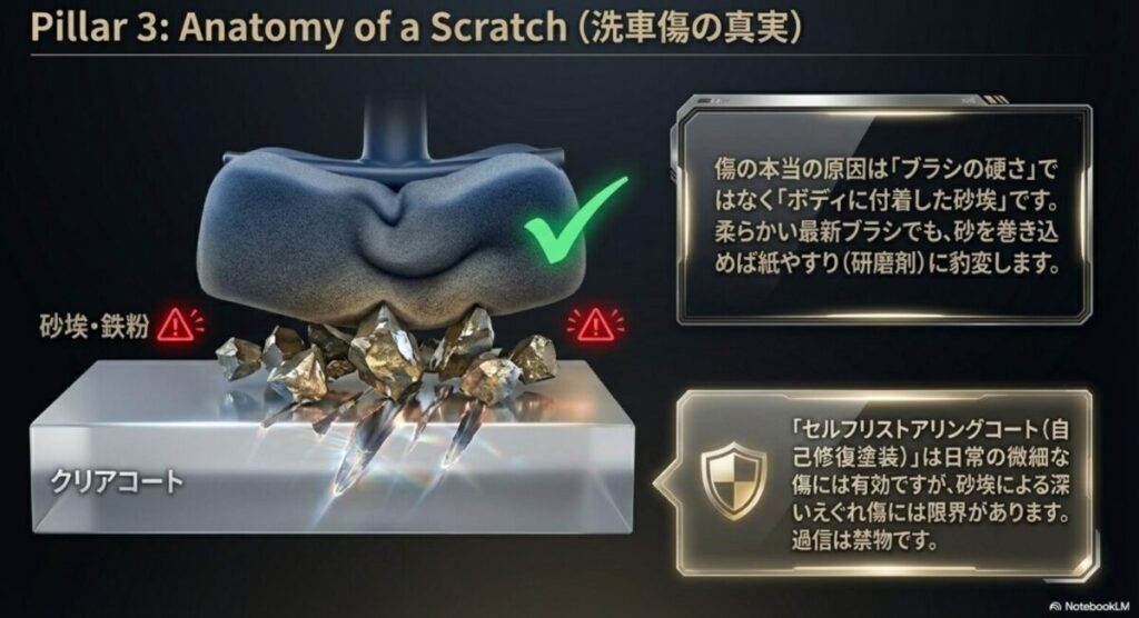 洗車機のブラシとボディに付着した砂埃による洗車傷発生のメカニズム