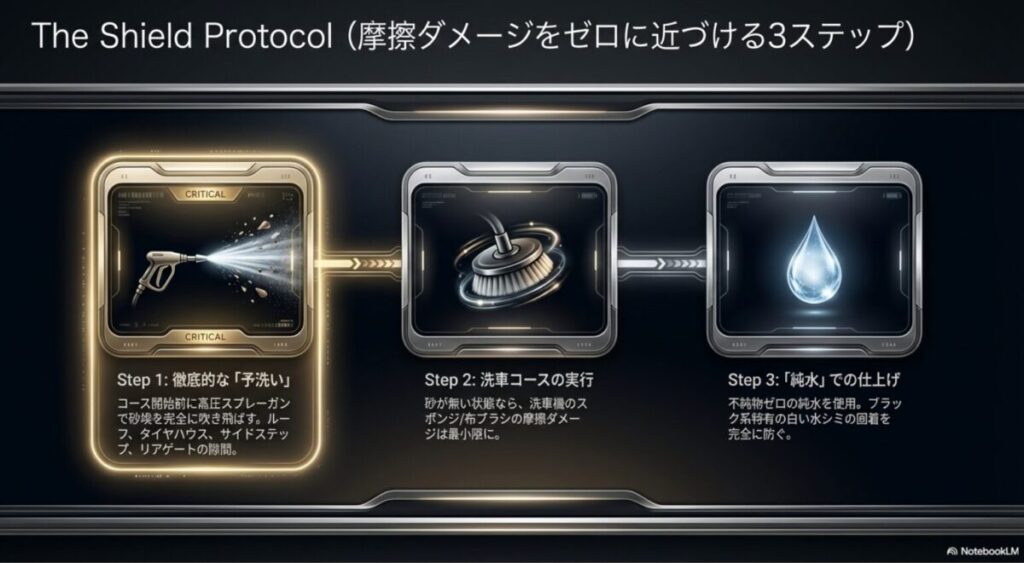 ヴェルファイアの洗車傷を防ぐための3ステップ（予洗い・洗車コース・純水仕上げ）