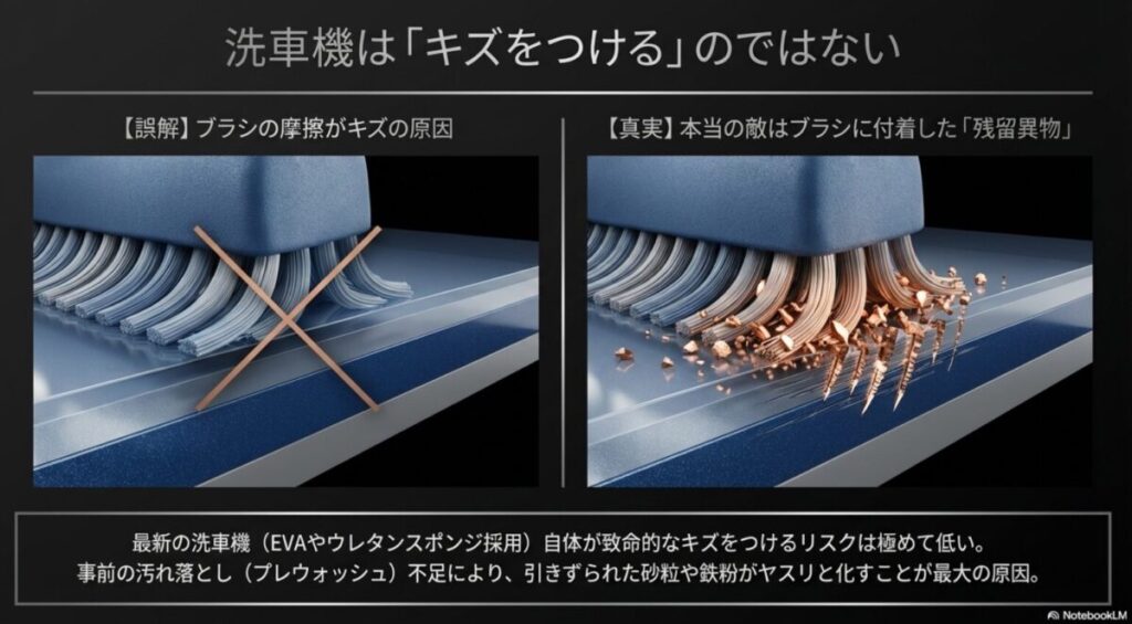 洗車機のブラシ自体ではなく、付着した砂粒や鉄粉（残留異物）がキズの真の原因であることを説明する図解スライド