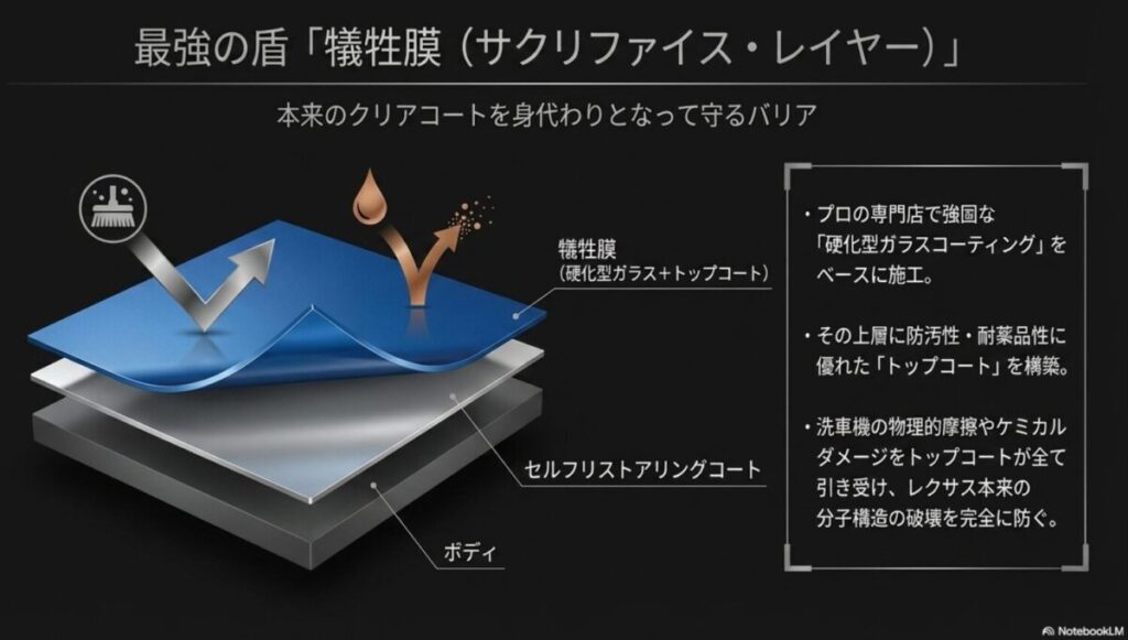 硬化型ガラスとトップコートの多層構造が、クリア層を身代わりとなって守る犠牲膜（サクリファイス・レイヤー）の概念図