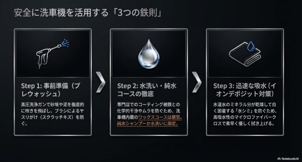 高圧洗浄ガンで砂埃を飛ばすプレウォッシュの重要性を説く、安全活用の鉄則スライド