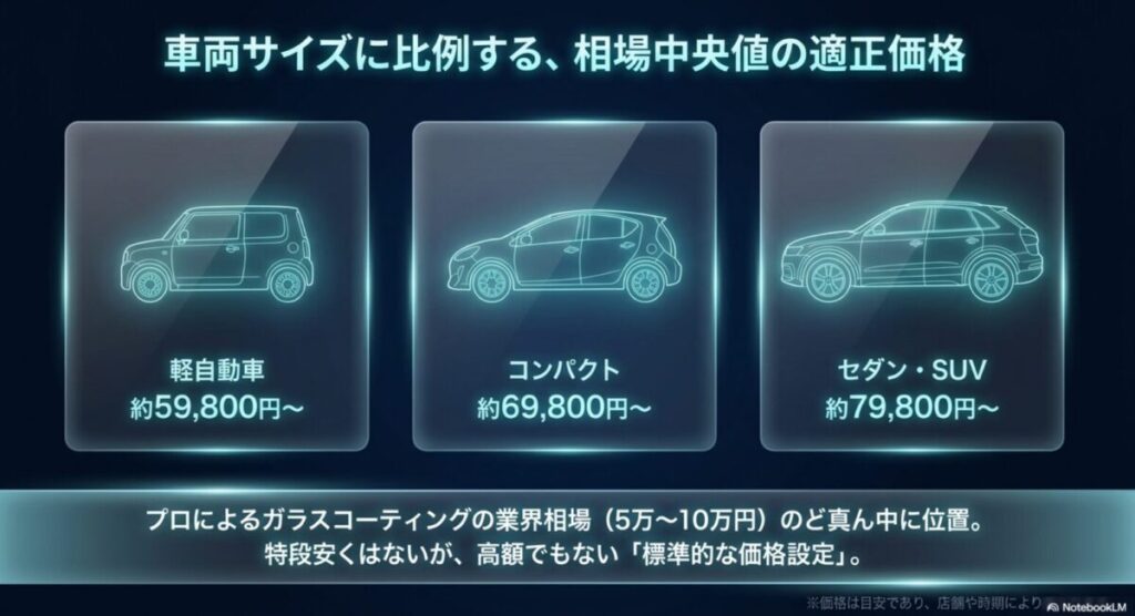 軽自動車は約59,800円、コンパクトカーは約69,800円、セダン・SUVは約79,800円というバディカのコーティング料金目安を示す価格表