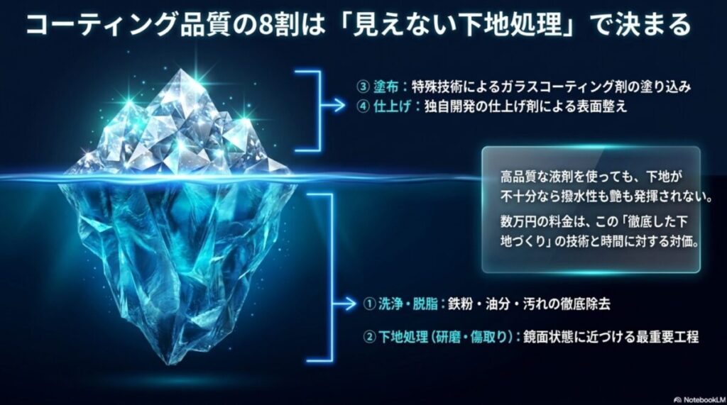 洗浄、下地処理、塗布、仕上げというガラスコーティングの4つの施工工程と、仕上がりを左右する下地処理の重要性を解説した図