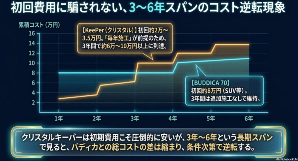初回費用が安いクリスタルキーパー（毎年施工）とバディカのコート70（3年維持）を3年から6年の長期スパンで比較し、総コストが逆転する可能性を示した累積コストのグラフ
