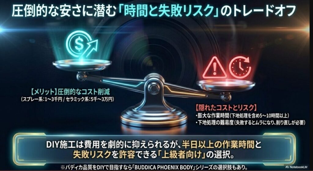 DIYコーティングは圧倒的なコスト削減になる一方で、膨大な作業時間と失敗した場合の下地処理やり直しのリスクがあることを示した図解