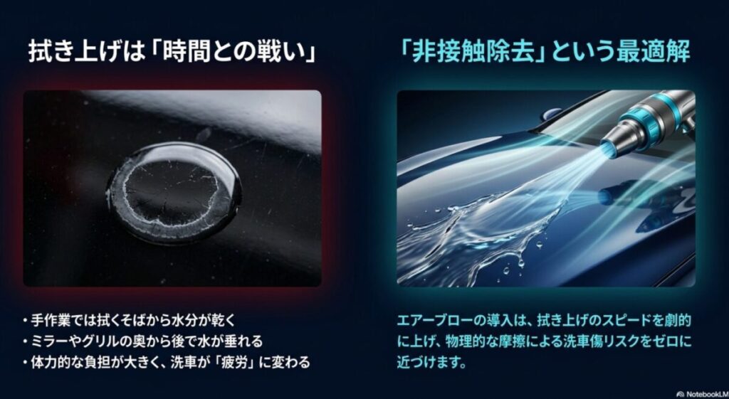 エアーブローで車のボンネットの水分を強力に吹き飛ばしているイメージ画像。拭き上げは時間との戦いであり、非接触除去が洗車傷を防ぐ最適解であるという説明。