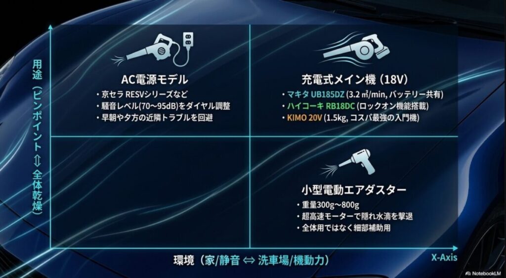 AC電源モデル、充電式メイン機、小型電動エアダスターの特徴と、用途（全体乾燥・細部補助）や環境（家・洗車場）に応じた選び方の分類表。