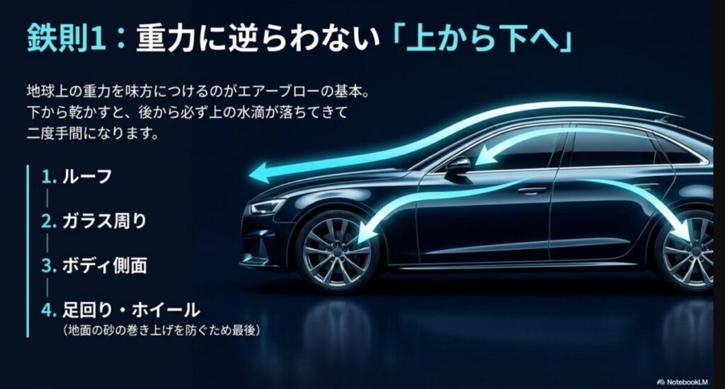 車のルーフに斜めから風を当てて水滴を飛ばす図解。重力に逆らわない「上から下へ」、斜め45度で水滴を逃さない「追い込み漁」の鉄則を解説
