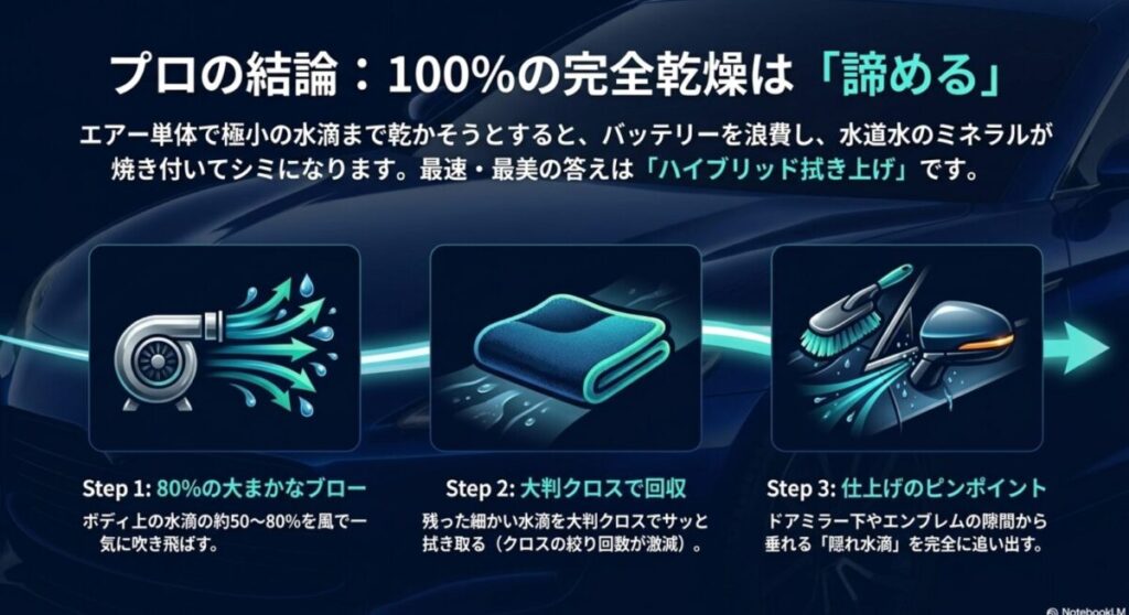 吸水クロスと洗車ブラシ、ドアミラーのイメージ画像。エアー単体での完全乾燥は諦め、80%のブローと大判クロスを組み合わせるハイブリッド拭き上げの3ステップを解説