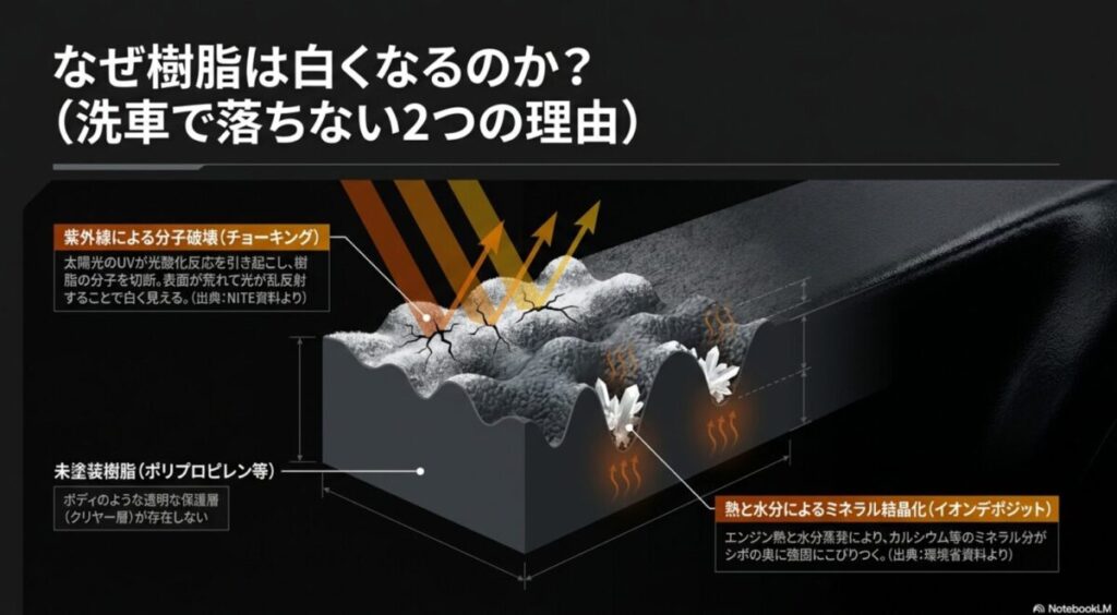 未塗装樹脂が白くなる2つの理由である、紫外線によるチョーキングとミネラル結晶化を図解したスライド