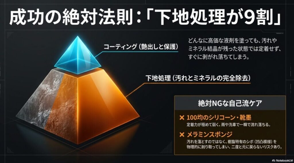コーティング前の下地処理の重要性と、100均製品やメラミンスポンジを使ったNGな自己流ケアを解説するスライド